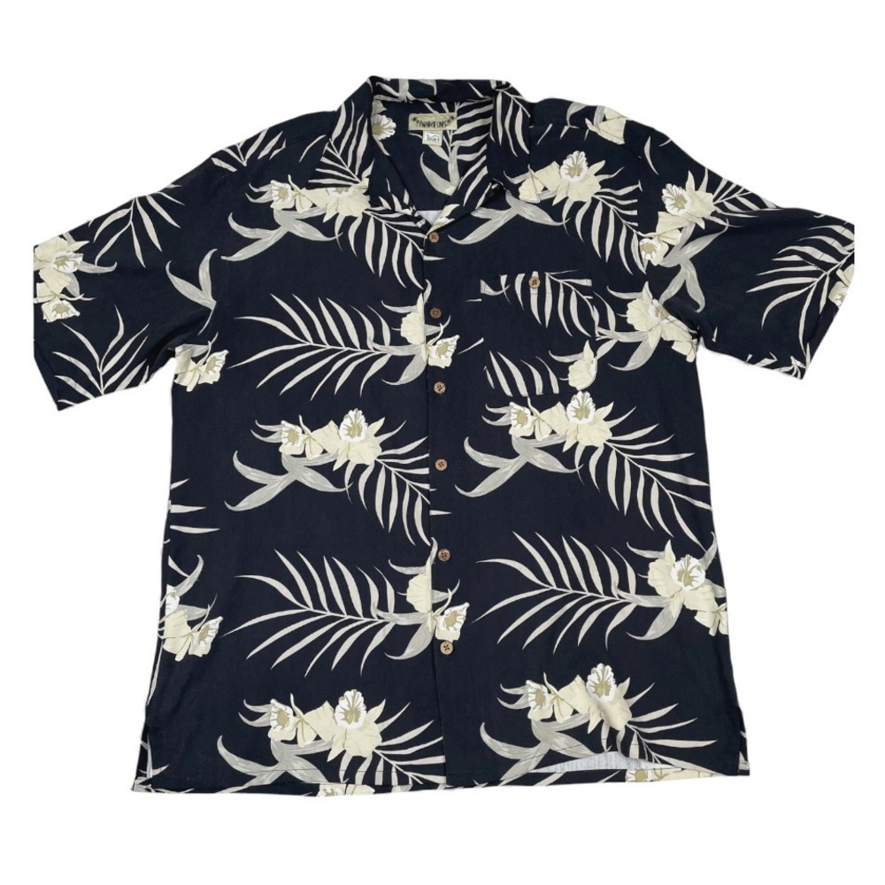 Vintage PARADISE COVES SILK SHIRT Hawaiian Camp BLACK/IVORY Floral Tropical L